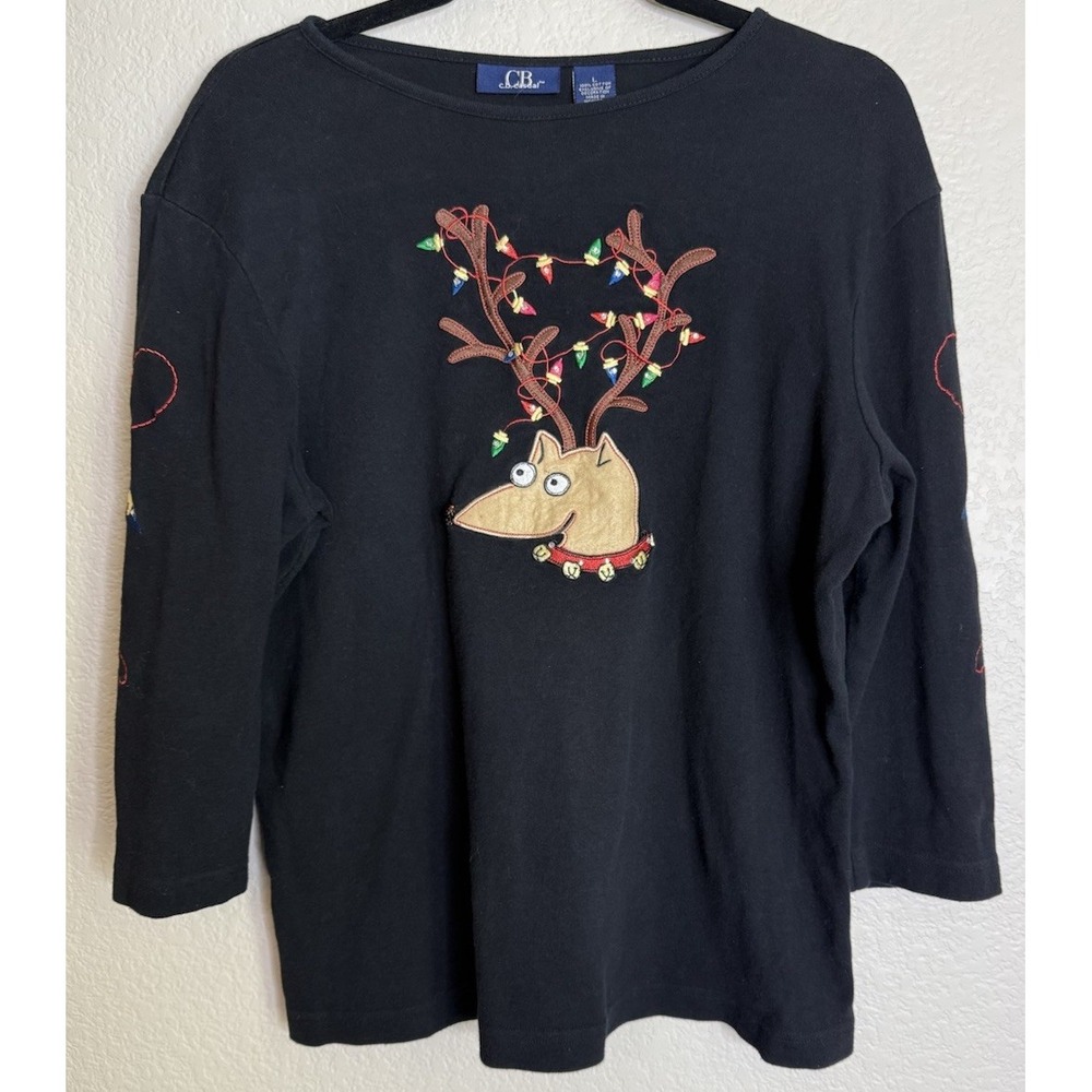C.B. Casual Womens L Shirt Black Reindeer Christmas Lights Embroidered Holiday